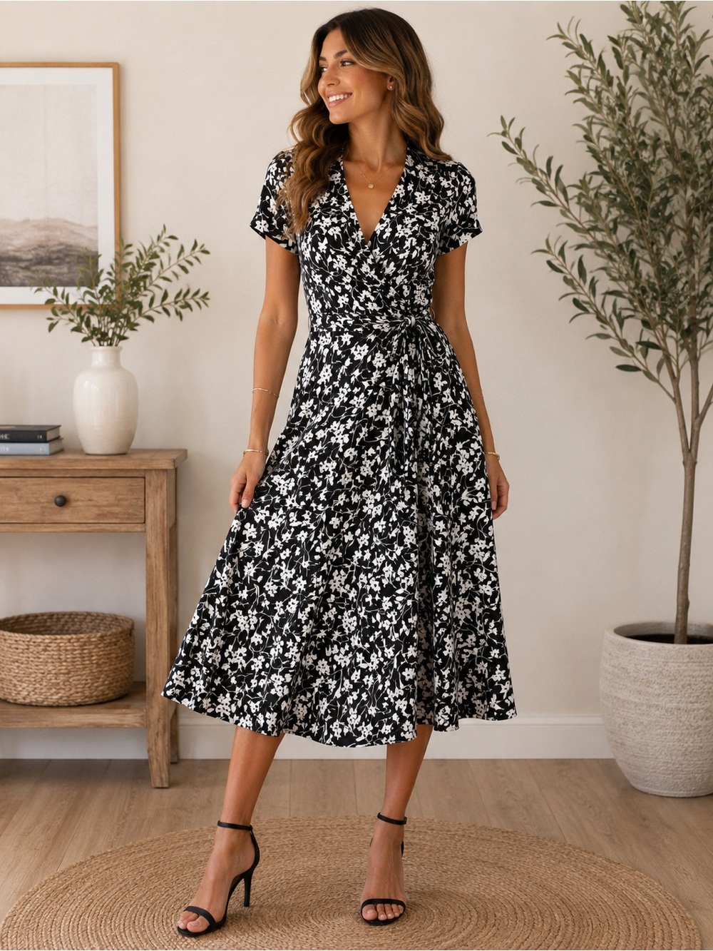 Ralph Lauren Black and White Floral Wrap Midi Dress Parisian Quiet Luxury chic